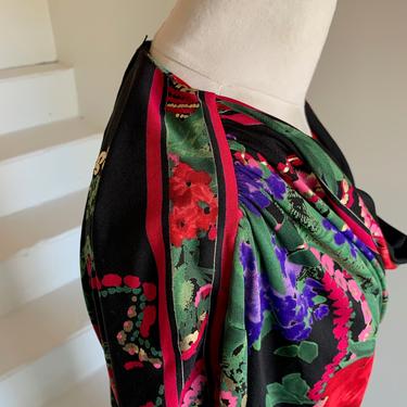 Gorgeous Floral 1980s Leonard of Paris Silk Jersey Maxi with Gold Signed 40 Bust 