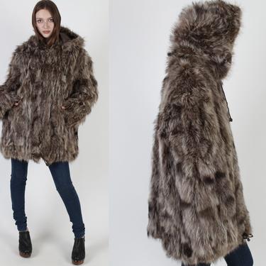 Real Raccoon Fur Hood Jacket / Authentic Shaggy Raccoon Apres Ski Coat / Vintage 70s Large Deep Removable Hooded Parka 