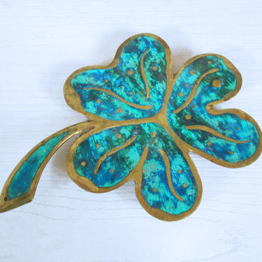 Pepe Mendoza Mexican Modern Brass and Turquoise Inlay Shamrock / Clover Ashtray / Dish / Sculptural Object 
