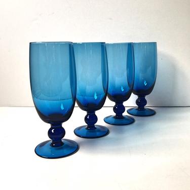 Blown glass footed goblets - set of 4 - Italian azure blue 