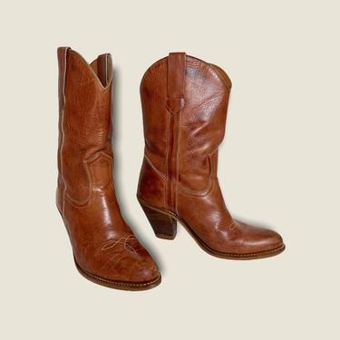 Vintage 1970s Women's Stacked Heel Cowboy Boots ~ size 8 1/2 B ~ Western ~ Hippie / Boho ~ Rockabilly ~ 