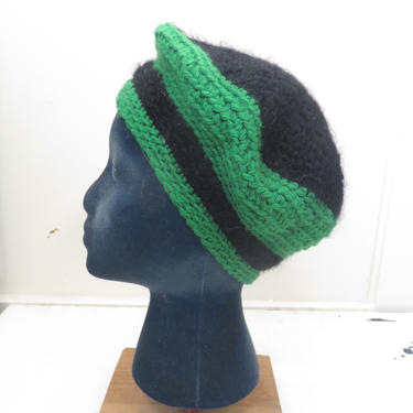 Vintage 70s Knit Green And Black Striped Beanie Beret 