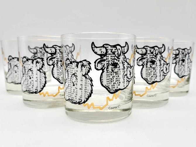 Vintage Couroc Bull and Bear Barware Glasses.  Mid-Century Cocktail Glasses 
