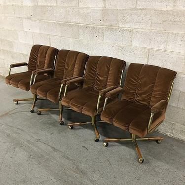 LOCAL PICKUP ONLY Vintage Velvet Chairs Retro 1970's Brown Plush Seating with Gold Metal and Wood Frames on Wheels Set of 4 Matching Chairs 