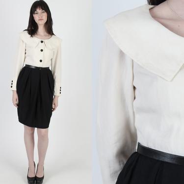 80s Ivory Black Colorblock Dress / Wide Collar Secretary Pencil Dress / Business Professional Uniform Mini Dress With Pockets 