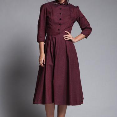 shirtwaist dress midi burgundy red pleated skirt 3/4 sleeves vintage 40s 50s SMALL S 
