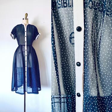 Anne 1950s sheer dress, puff sleeves navy blue 1950s dress, puff sleeve summer dress, retro 1940s dress 
