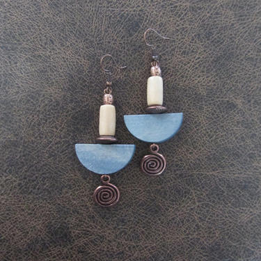 Blue wooden earrings, Afrocentric earrings, African earrings, bold statement earrings, unique ethnic earrings, copper vortex earrings 