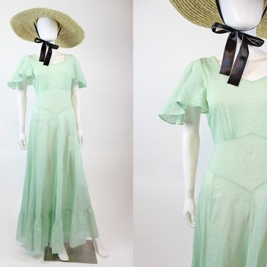 1930s mint green flutter cape sleeves dress medium | vintage cotton gown | new in 