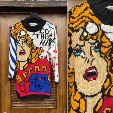 Vintage 1980’s Comic Book Pop Art Cartoon New Wave Knit Sweater, 80’s Knit Pullover, Vintage Comix, Vintage Clothing 