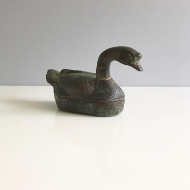 Antique Copper Bronze Swan Ring Dish 