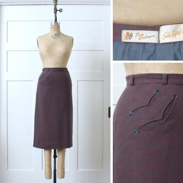 vintage 1950s cashmere pencil skirt • arrow hip pockets • wiggle skirt in checkered pink &amp; gray 