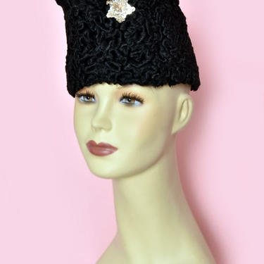 40's Vintage Black Fur Hat, Curly Lamb, WWII Swing hat, 1940's Antique Tilt Top Women's Hat, Silver Sequin Star, ART DECO 1930's 