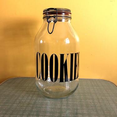 Huge 1970s Glass Cookie Jar with Black Typography w Locking Top 