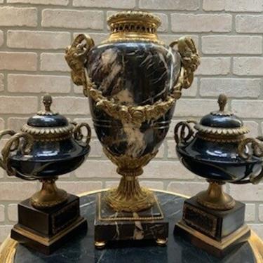 Antique Black Marble and Gold Three Piece Urn Set