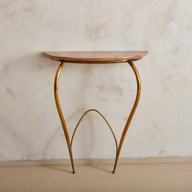 Italian Brass and Pink Marble Demilune Console Table, 1960's