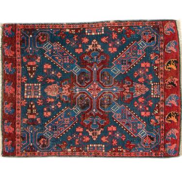 Antique 2’8” x 3’7” Zeikhur Rug Geometric Medallion Floral Design Ink Blue Brick Red Hand Knotted Pile Rug 1910s - FREE DOMESTIC SHIPPING 