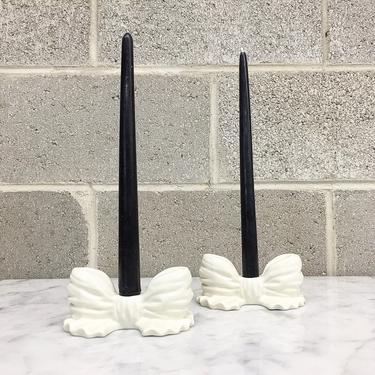 Vintage Candlestick Holders Retro 1980s Ceramic + White + Bow Shaped + Set of 2 Matching + Candle Holders + Lighting + Home and Table Decor 