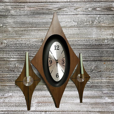 Vintage Clock &amp; Sconce Set, Welby Diamond Clock Set, Retro Clock n Candle Sconces, Danish Modern Wall Clock, Mid Century Modern Decor 