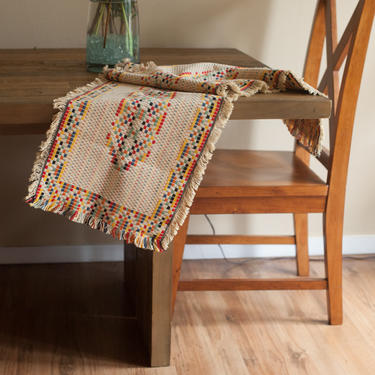 vtg fringed multicolored bohemian table runner // vintage cotton woven embroidered linen table runner 
