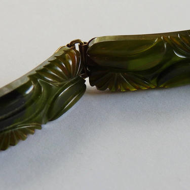 Carved Green Bakelite Hinged Bracelet 