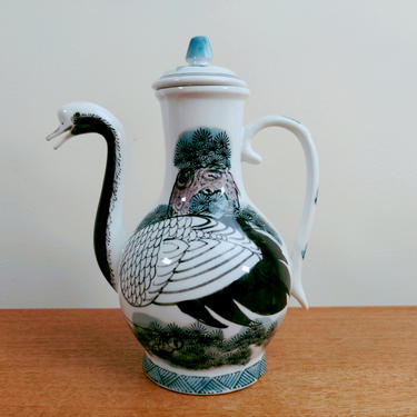 Vintage Asian Bird Motif Teapot | Red Crown Crane Bird Head Bird Neck Bonsai | Handpainted | Japan Japanese 