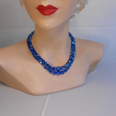 Those Beautiful Blues - Vintage 1950s Rare Colbalt Blue Aurora Borealis Coated Cut Crystal 2 Strand Bead Necklace 