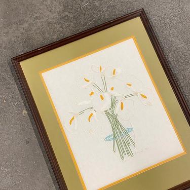 Vintage Floral Crewel 1980s Retro Size 30x24 Bohemian + White Lilies + Flowers in a Clear Vase + Homemade + Framed + Home and Wall Decor 