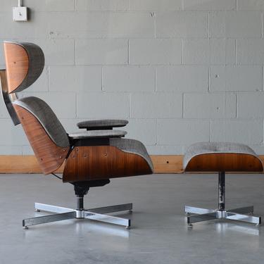Mid-Century Modern Plycraft Walnut and Gray Lounge Chair and Ottoman 