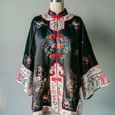 1980s Jacket Chinese Silk Embroidered Robe S 