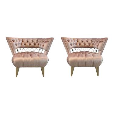 Caracole Modern Tufted Blush Velvet and Brass Metal Prototype Club Chairs Pair - a Pair