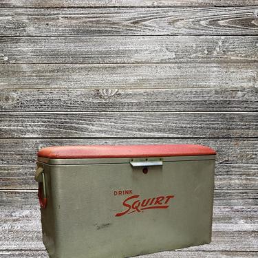 Vintage Squirt Cooler &amp; Tray, Aluminum Soda Cooler, Silver Metal Ice Chest w/ Padded Seat, Camping Beach Picnic Mid Century, Vintage Barware 