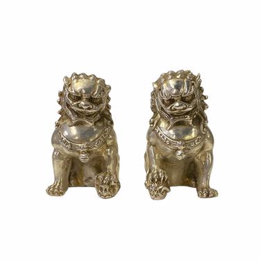 Pair Chinese Oriental Silver Color Metal Fengshui Foo Dog Figures ws1594E 