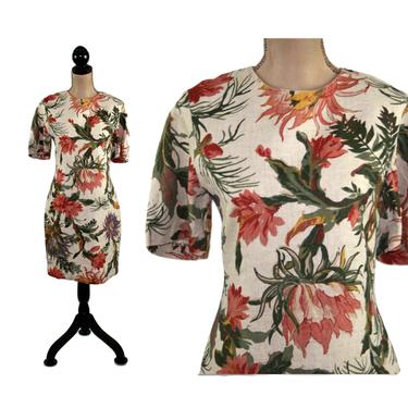 90s Floral Linen Dress, Short Sleeve Midi Fall Colors, Karen Kane Medium Large 