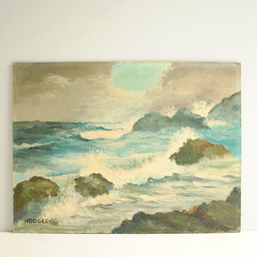 Vintage Seascape Painting, Ocean Painting, Waves Crashing on Rocks Oceanscape Oil Painting, Signed Vintage Oil Painting 