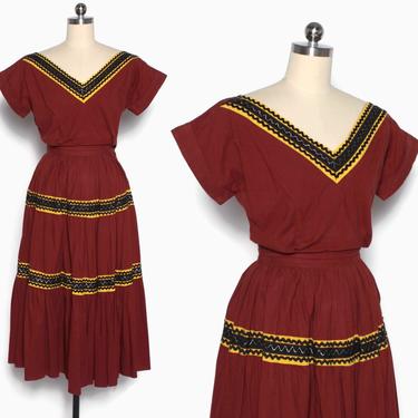 Vintage 50s Patio Dress Set / 1950s Brown Cotton Rick Rack Trim SW Blouse &amp; Full Skirt Western Dress 