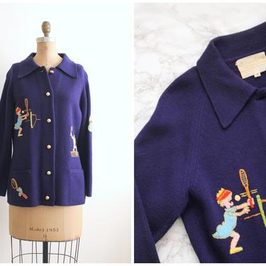 vintage novelty tennis sweater - 70s tennis cardigan / hand embroidered tennis sweater - tennis motif sweater / Andreno Argenti sweater 