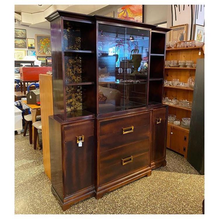 1940’s (two part) Mahogany China cabinet with glass sliding door / brass knobs 73” tall / 60.2” wide / 16.5” deep” 