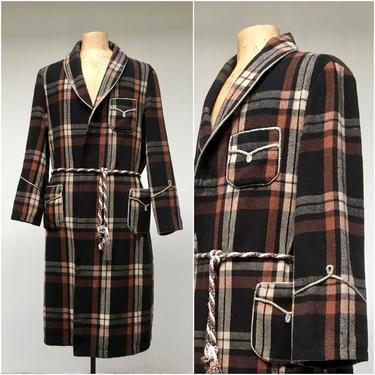 1940s Vintage Mens Wool Robe, 40s Black and Brown Plaid Shawl Collar Smoking Jacket, Fall-Winter Dressing Gown, Will Fit up to 44&quot; Chest 