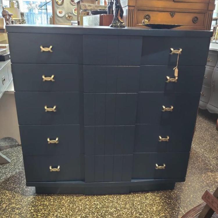 Deep Navy mid century painted chest of drawers by Kent Coffey. 42" x 19" x 42"