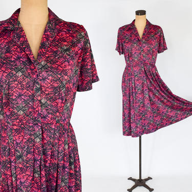 1950s Pink Print Dress | 50s Pink &amp; Gray Nylon Housedress | Casualmaker | Medium 
