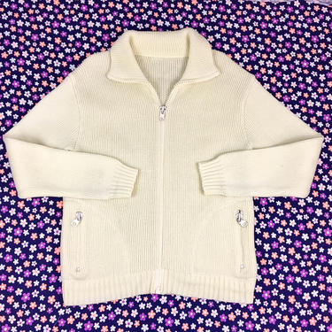 70's winter white ivory chunky zipper sweater 1970's zip front pockets collared knit sweater jacket cardigan / ski / snow bunny / cream M  L 