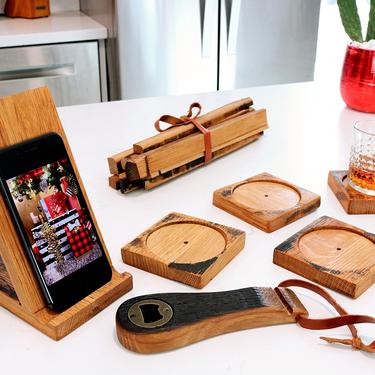 Bourbon Barrel Gifts Set - Phone & Tablet Holder - Four Coasters - Bottle Opener - Whiskey Barrel BBQ Wood - FREE SHIPPING 