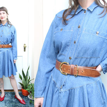 Vintage 90's Light blue denim dress / 1990's Long Sleeve Denim Drop waist Dress / Women's Size Medium - large by Ru