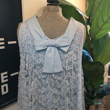 1960s ice blue lace pencil trapeze formal dress with bow detail M 