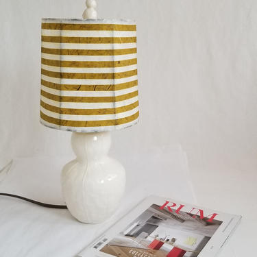 Short white ceramic lamp with unique handmade paper shade 