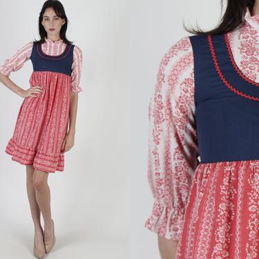 Red white And Blue Dress / Americana Inspired Dirndl Dress / Vintage 70s Prairie Folk Octoberfest Dress / Bib Style Bodice Mini Dress 