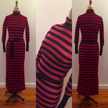 Hot pink and black stripe knit 70s maxi dress 