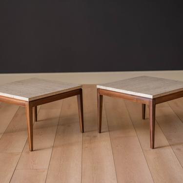 Pair of Vintage Travertine and Walnut End Tables 