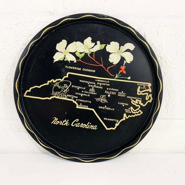 Vintage Metal North Carolina Drink Tray Plate Souvenir Retro Round Blossom Flowering Dogwood Tree Mid-Century Barware State Flower Floral 